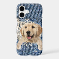 golden retriever in blue denim hole