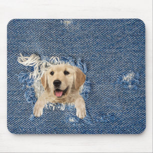 golden retriever in blue jean hole mouse pad