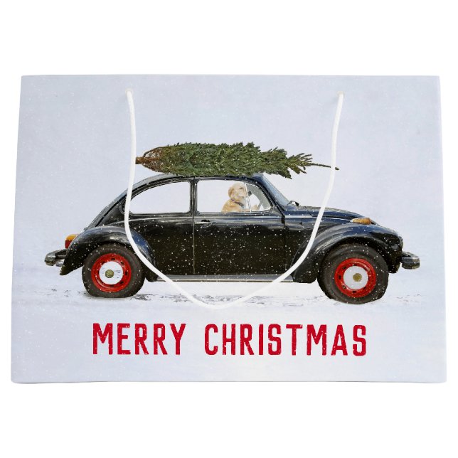Golden Retriever In Car with Christmas Tree Large  Gift Bag (Front)