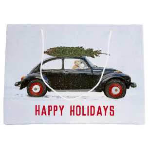 Golden Retriever In Car with Christmas Tree Large Gift Bag