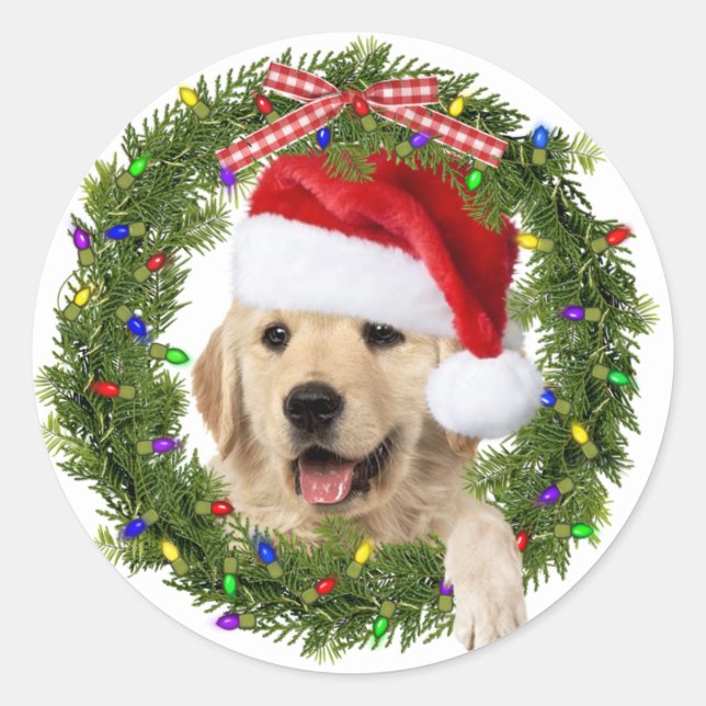 Golden Retriever In Christmas Wreath Classic Round Sticker (Front)