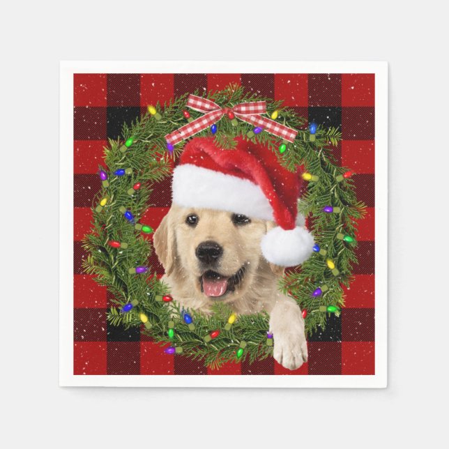 Golden Retriever In Christmas Wreath Napkin (Front)