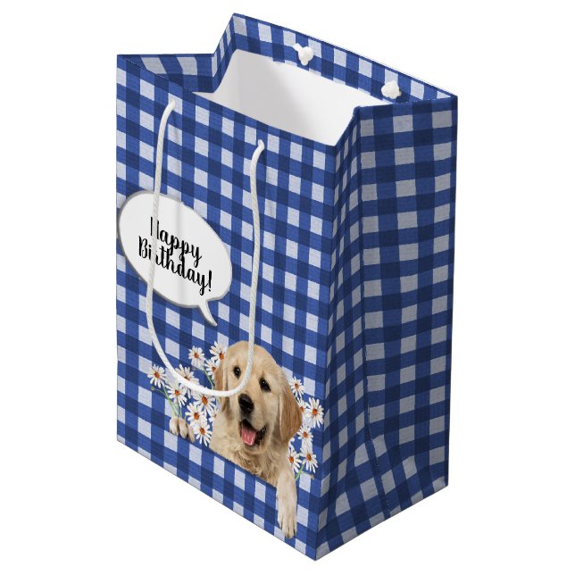 Golden Retriever in daisies on blue gingham Medium Gift Bag (Front Angled)