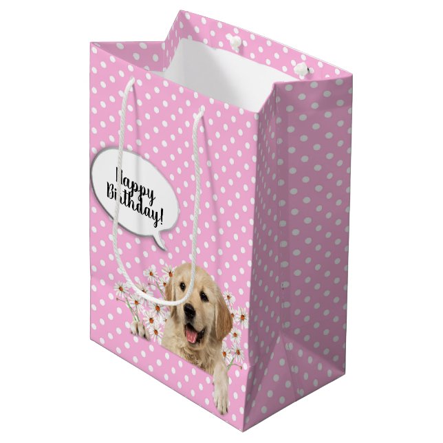 Golden Retriever in daisies on polka dots Medium Gift Bag (Front Angled)