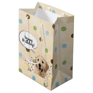 Golden Retriever in daisies on polka dots Medium Gift Bag