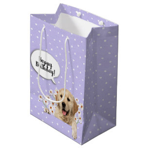 Golden Retriever in daisies on polka dots Medium Gift Bag
