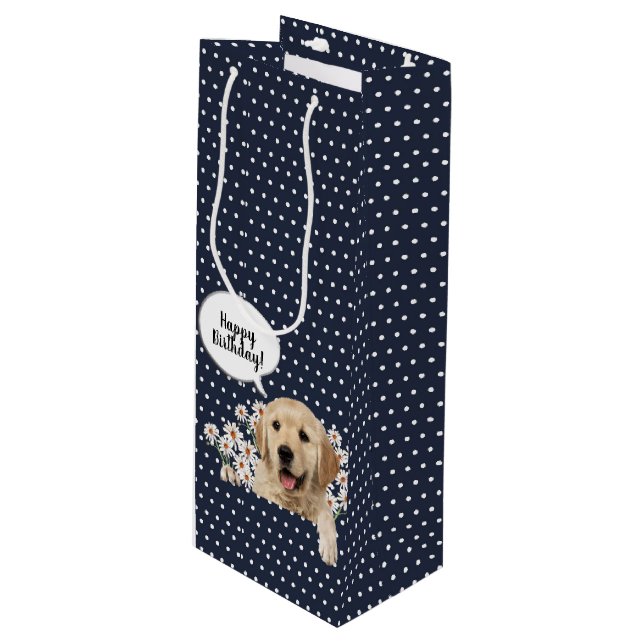 Golden Retriever in daisies on polka dots Wine Gift Bag (Front Angled)