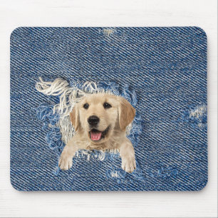Golden Retriever in Denim Hole Mouse Pad
