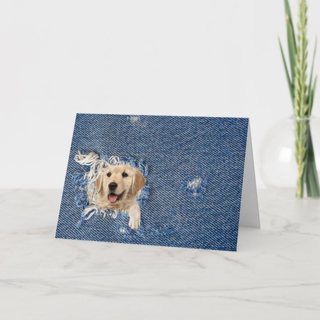 Golden Retriever In Denim Hole Note Card (Front)