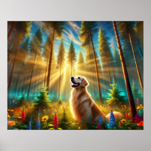 Golden Retriever in Enchanted Forest Poster