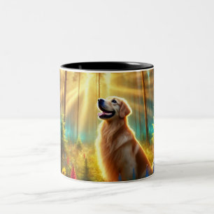 Golden Retriever in Enchanted Forest Two-Tone Coffee Mug