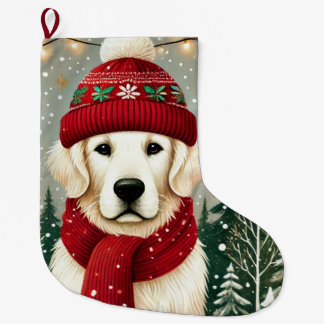 Golden Retriever in Festive Sweater - Cozy Christm Large Christmas Stocking