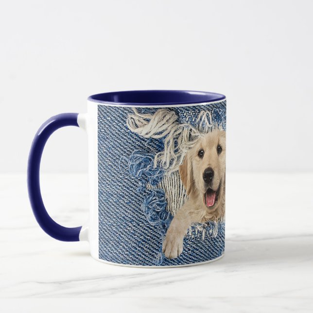 Golden retriever in frayed blue denim hole mug (Left)