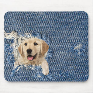 golden retriever in frayed denim hole mouse pad
