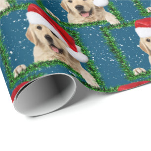 Golden Retriever in green tinsel frame Wrapping Paper