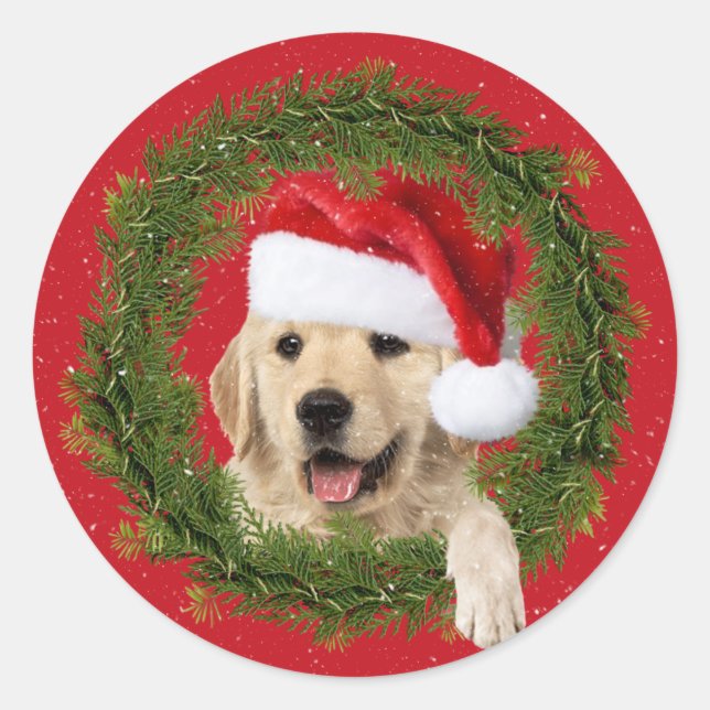 Golden Retriever in holiday wreath Classic Round Sticker (Front)
