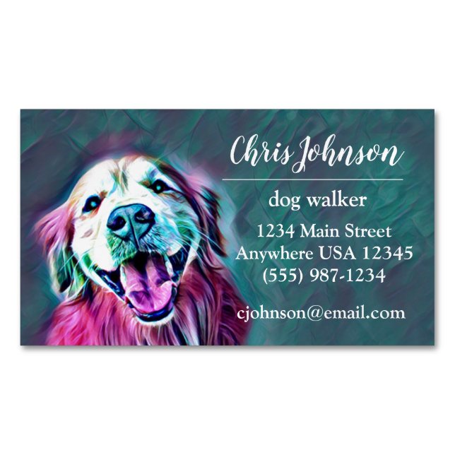 Golden Retriever in Neon Colours Dog Walker Magnetic Business Card (Front)