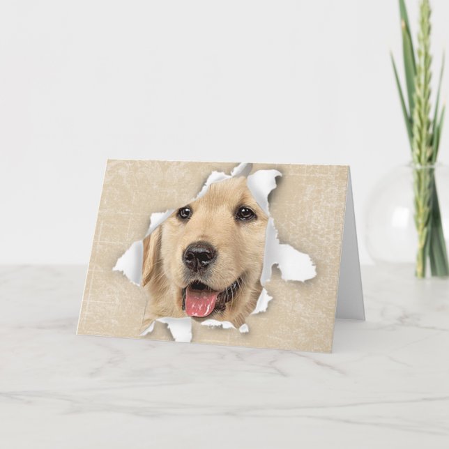 Golden Retriever In Paper Hole Hello Card (Front)
