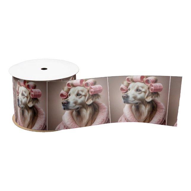 Golden Retriever In Pink Hair Curlers Satin Ribbon (Spool)