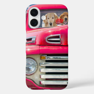 golden retriever in red retro truck iPhone 16 case