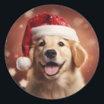 Golden Retriever in Santa Hat Classic Round Sticker<br><div class="desc">Golden Retriever in a Santa hat Christmas stickers.</div>