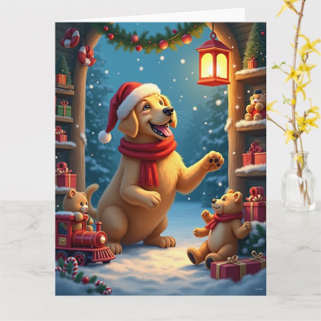 Golden Retriever in Santa’s Workshop Christmas Card (Yellow Flower)