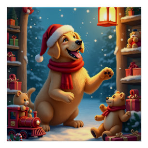 Golden Retriever in Santa’s Workshop Christmas Poster