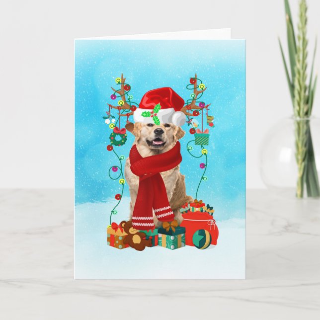 Golden Retriever in snow with Christmas gifts Card (Front)