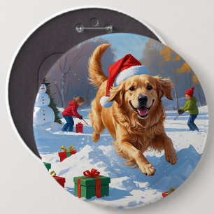Golden Retriever in Snow with Christmas Hat 6 Cm Round Badge