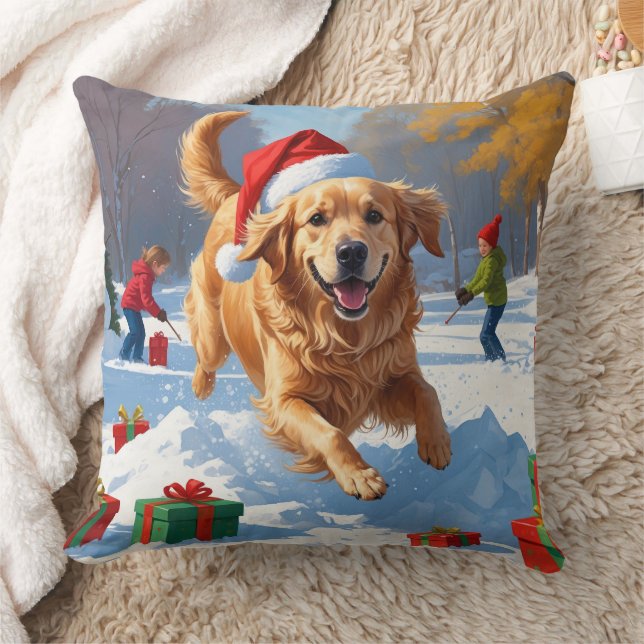 Golden Retriever in Snow with Christmas Hat Cushion (Blanket)