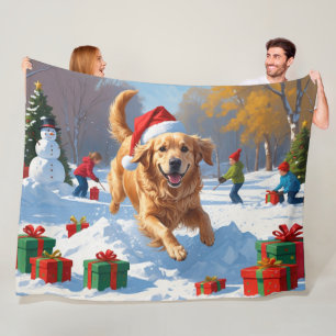 Golden Retriever in Snow with Christmas Hat Fleece Blanket