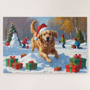 Golden Retriever in Snow with Christmas Hat Jigsaw Puzzle