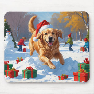 Golden Retriever in Snow with Christmas Hat Mouse Pad