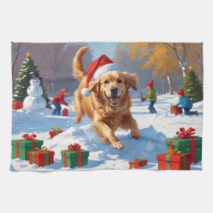Golden Retriever in Snow with Christmas Hat Tea Towel