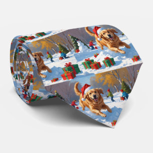 Golden Retriever in Snow with Christmas Hat Tie