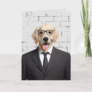 golden retriever in suit and glasses card