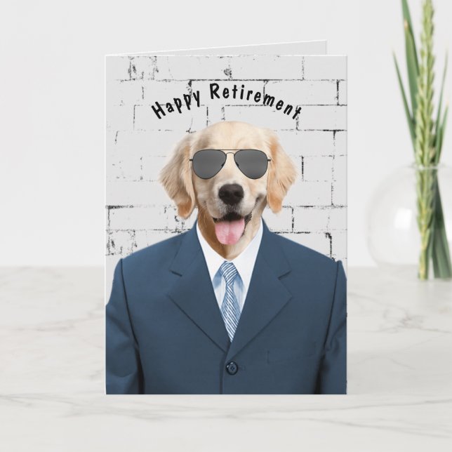 golden retriever in suit retirement card (Front)