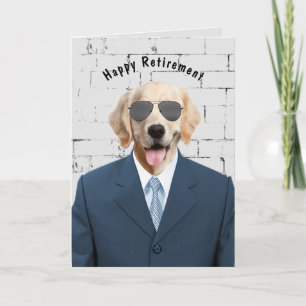 golden retriever in suit retirement card