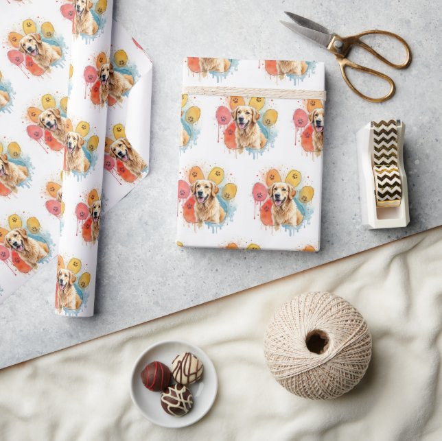 Golden Retriever in Watercolor Paw Print Wrapping Paper (Crafts)