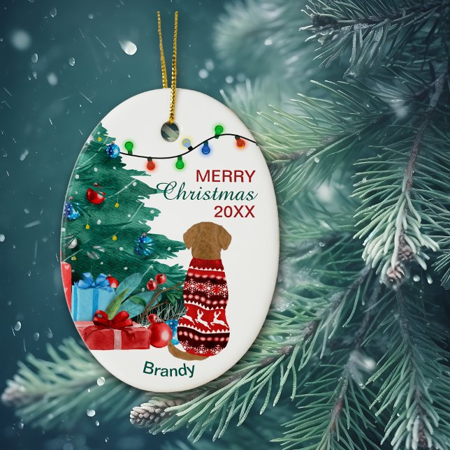 Golden Retriever in Winter Sweater Holiday Tree Ceramic Ornament (Creator Uploaded)