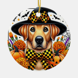 Golden Retriever in Witch Hat by Pumpkins Ceramic Ornament