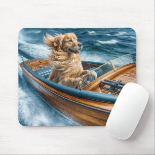 Golden Retriever In Wooden Motor Boat Mouse Pad