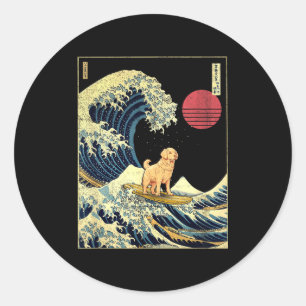 Golden Retriever Japanese Kanagawa Wave Funny Surf Classic Round Sticker
