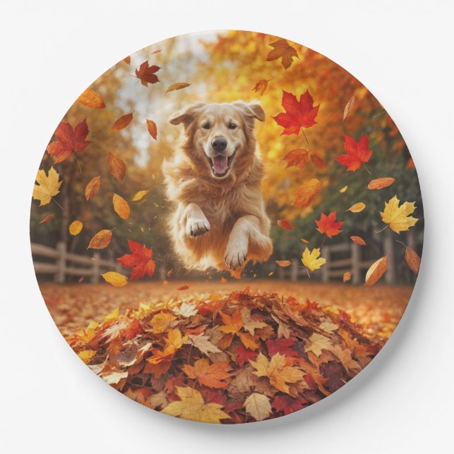 Golden Retriever Jumping In Leaf Pile Paper Plate (Front)