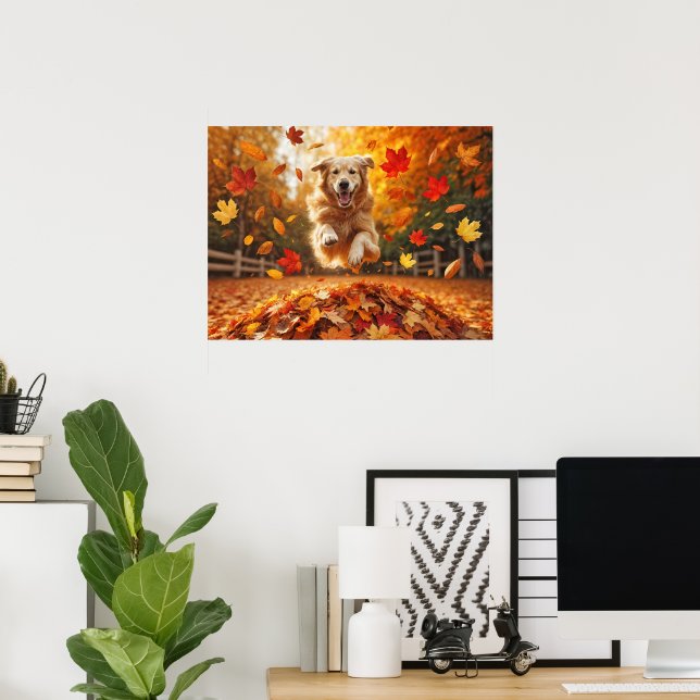 Golden Retriever Jumping In Leaf Pile Poster (Home Office)