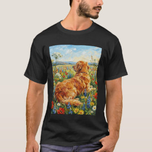 Golden Retriever Laying in Wild Flowers Dog Artwor T-Shirt