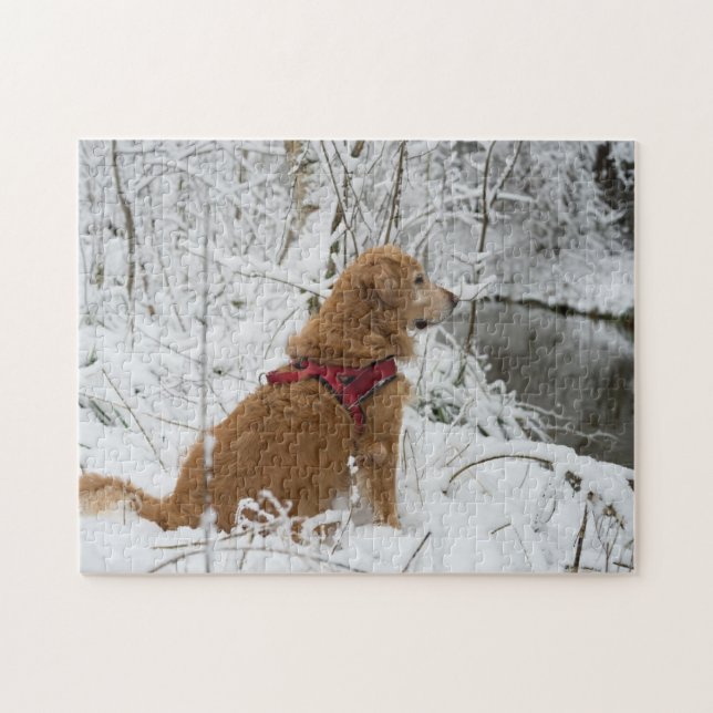 Golden Retriever Looking at River in the Snow Jigsaw Puzzle (Horizontal)