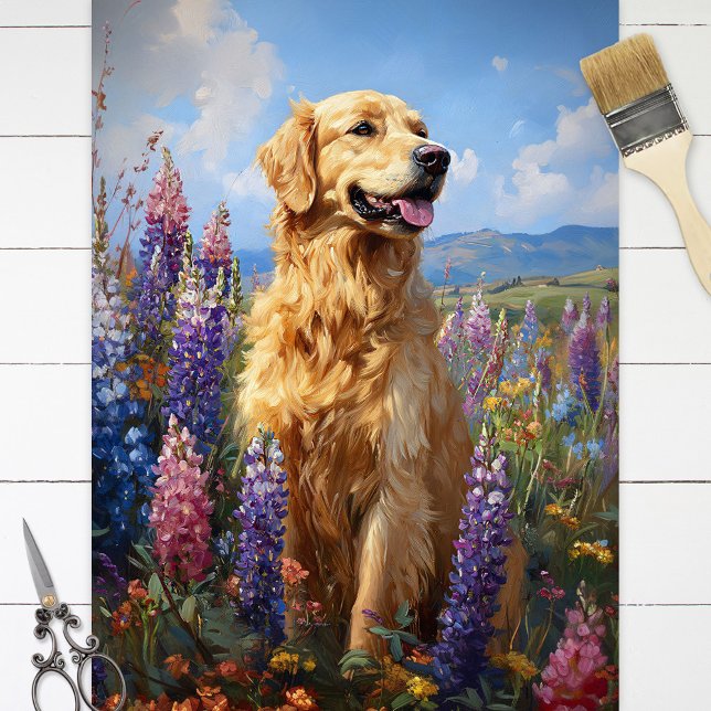 Golden Retriever Lupine Flowers Decoupage Tissue Paper (Creator Uploaded)