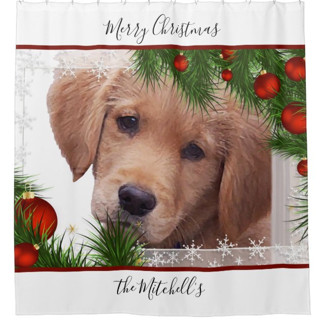 Golden Retriever Merry Christmas - Cute Puppy Dog Shower Curtain (Front)