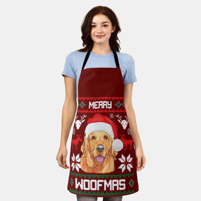 Golden Retriever Merry Woofmas Sweatshirt Dog Apron (Worn)